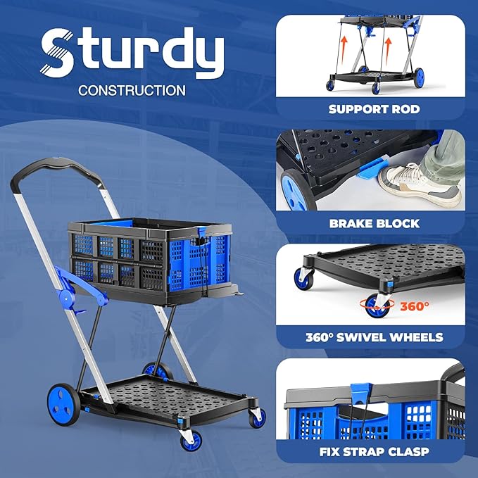 MUNBYN Folding Shopping Cart 2024 Upgraded Version, Collapsible Cart with Storage Crate, Multi use Functional Folding Trolley with Basket, Two Tier Hand Truck for Grocery(Blue)
