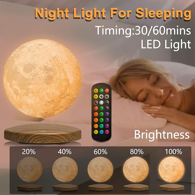 Levitating Moon Lamp, 18 Colors 6 in Floating Moon Lamp, 3D LED Printing Rotating Magnetic Moon Light Spinning Freely with Remote, Night Light, Desk Bedroom Decor Office, Christmas Gift