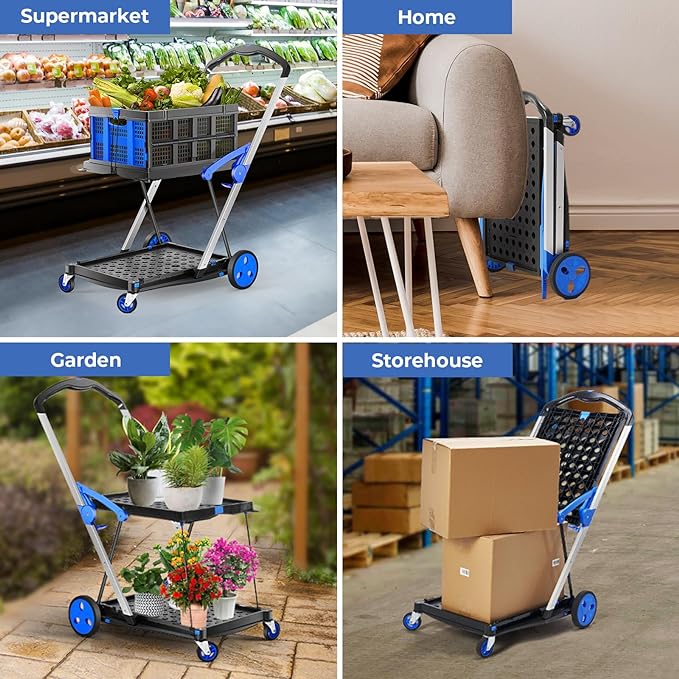 MUNBYN Folding Shopping Cart 2024 Upgraded Version, Collapsible Cart with Storage Crate, Multi use Functional Folding Trolley with Basket, Two Tier Hand Truck for Grocery(Blue)